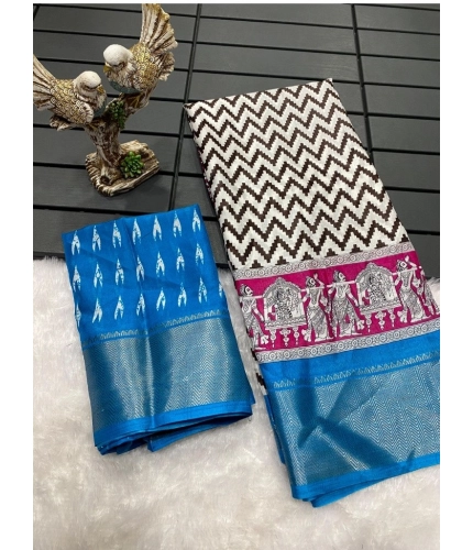 Generic Women's Soft Dola Cotton Kalamkari Printed Saree With Unstitched Blouse 5.5Mtr (Sky Blue)