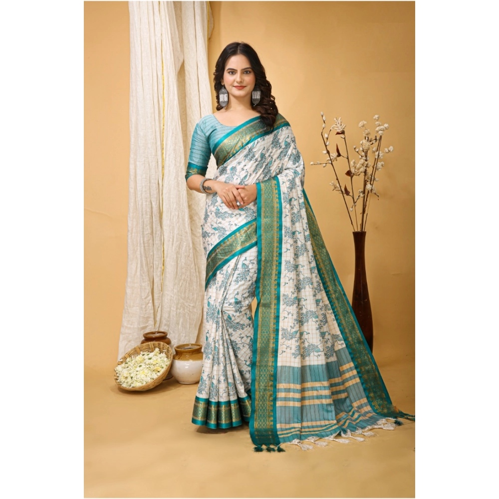 Generic Women's Soft Cotton Silk Printed Saree With Unstitched Blouse 5.5Mtr (Turquoise) Generic Women's Soft Cotton Silk Printed Saree With Unstitched Blouse 5.5Mtr (Turquoise)