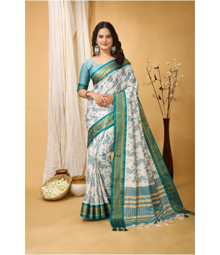 Generic Women's Soft Cotton Silk Printed Saree With Unstitched Blouse 5.5Mtr (Turquoise)