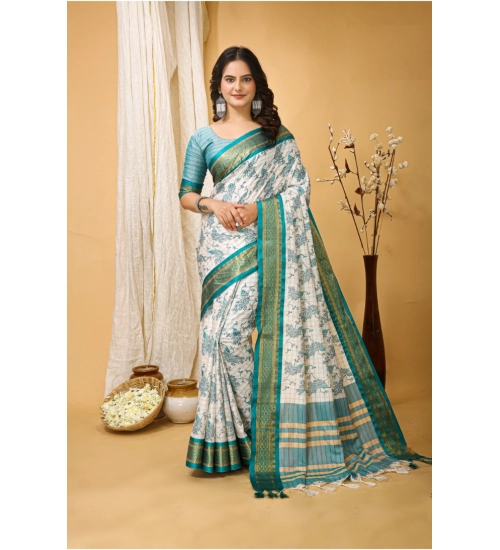 Generic Women's Soft Cotton Silk Printed Saree With Unstitched Blouse 5.5Mtr (Turquoise)