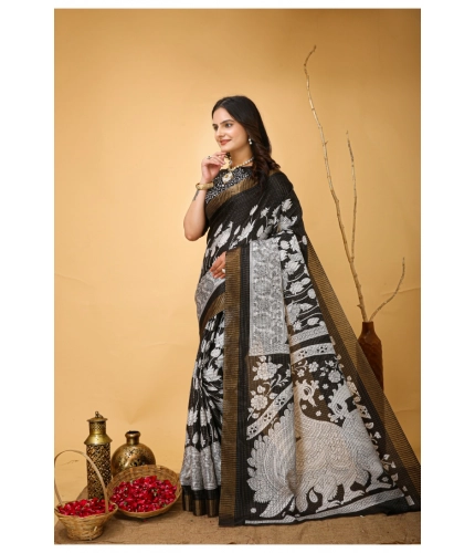 Generic Women's Soft Handloom Cotton Kalamkari Printed Saree With Unstitched Blouse 5.5Mtr (Black) Generic Women's Soft Handloom Cotton Kalamkari Printed Saree With Unstitched Blouse 5.5Mtr (Black)
