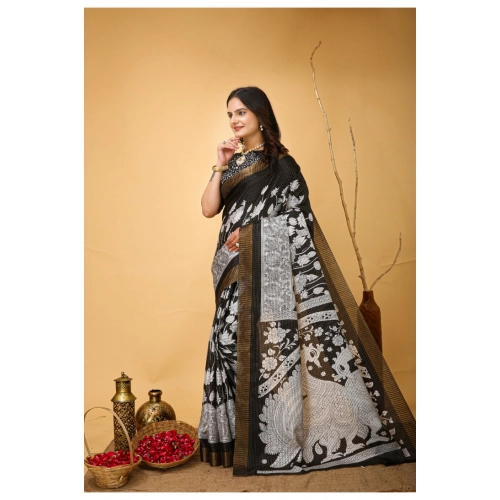 Women's Soft Handloom Cotton Kalamkari Printed Saree With Unstitched Blouse 5.5Mtr (Black) Women's Soft Handloom Cotton Kalamkari Printed Saree With Unstitched Blouse 5.5Mtr (Black)
