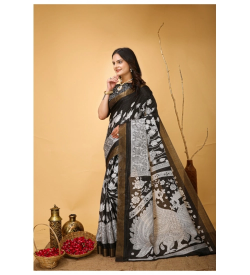 Generic Women's Soft Handloom Cotton Kalamkari Printed Saree With Unstitched Blouse 5.5Mtr (Black)