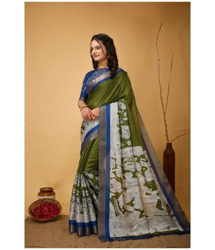 Generic Women's Soft Handloom Cotton Kalamkari Printed Saree With Unstitched Blouse 5.5Mtr (Mehendi) Generic Women's Soft Handloom Cotton Kalamkari Printed Saree With Unstitched Blouse 5.5Mtr (Mehendi)