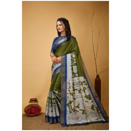 Women's Soft Handloom Cotton Kalamkari Printed Saree With Unstitched Blouse 5.5Mtr (Mehendi) Women's Soft Handloom Cotton Kalamkari Printed Saree With Unstitched Blouse 5.5Mtr (Mehendi)