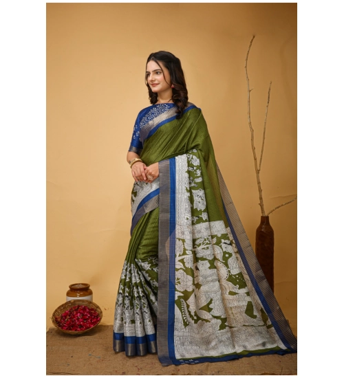 Generic Women's Soft Handloom Cotton Kalamkari Printed Saree With Unstitched Blouse 5.5Mtr (Mehendi)