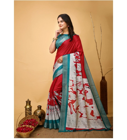 Generic Women's Soft Handloom Cotton Kalamkari Printed Saree With Unstitched Blouse 5.5Mtr (Red)