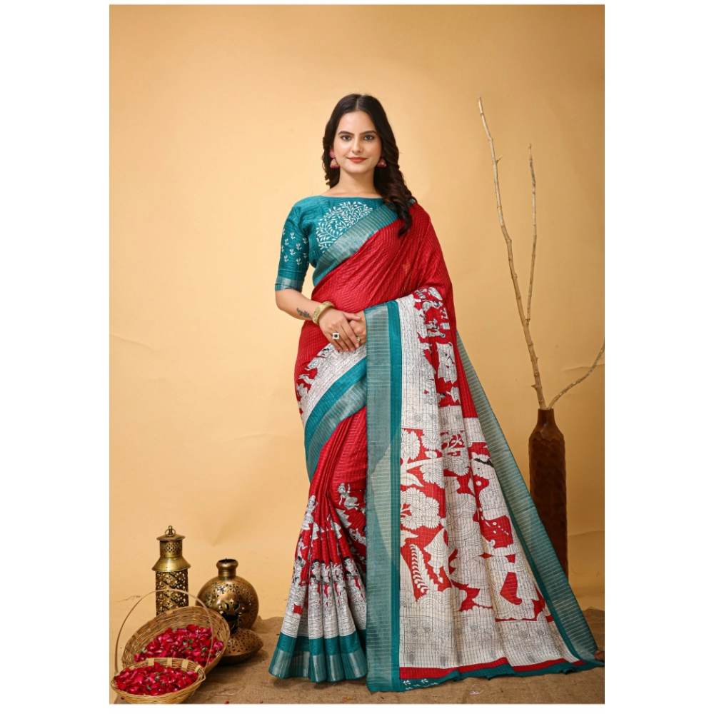 Generic Women's Soft Handloom Cotton Kalamkari Printed Saree With Unstitched Blouse 5.5Mtr (Red) Generic Women's Soft Handloom Cotton Kalamkari Printed Saree With Unstitched Blouse 5.5Mtr (Red)