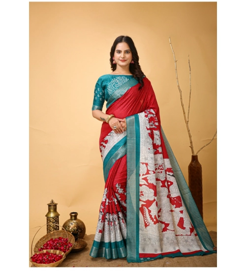 Generic Women's Soft Handloom Cotton Kalamkari Printed Saree With Unstitched Blouse 5.5Mtr (Red)