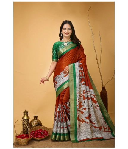 Generic Women's Soft Handloom Cotton Kalamkari Printed Saree With Unstitched Blouse 5.5Mtr (Orange)