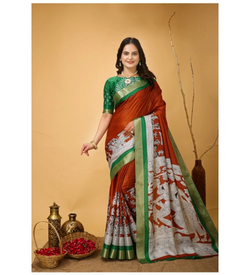 Generic Women's Soft Handloom Cotton Kalamkari Printed Saree With Unstitched Blouse 5.5Mtr (Orange)