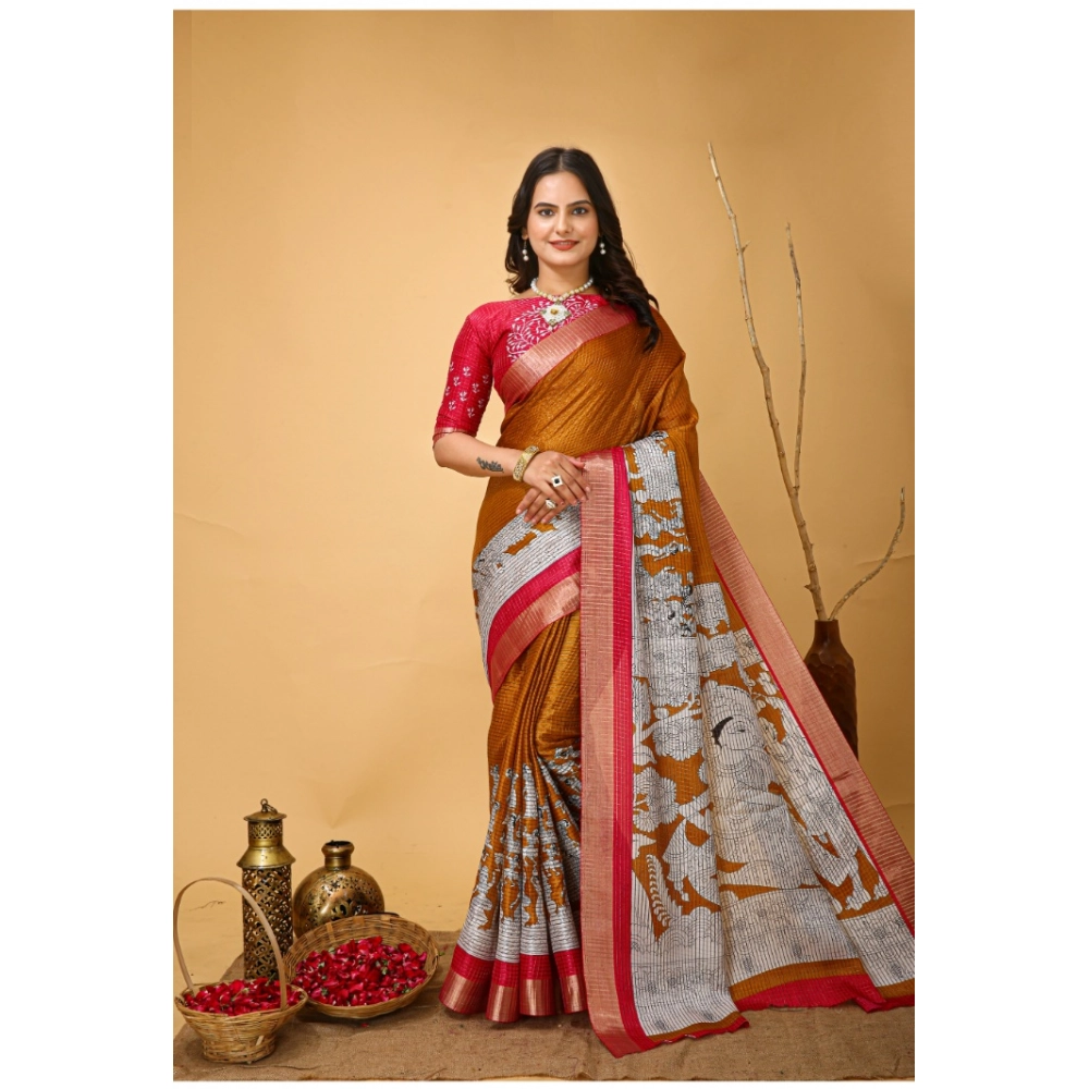 Generic Women's Soft Handloom Cotton Kalamkari Printed Saree With Unstitched Blouse 5.5Mtr (Mustard) Generic Women's Soft Handloom Cotton Kalamkari Printed Saree With Unstitched Blouse 5.5Mtr (Mustard)