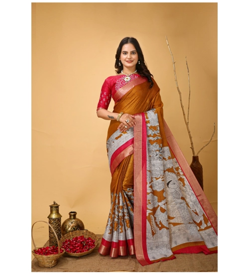 Generic Women's Soft Handloom Cotton Kalamkari Printed Saree With Unstitched Blouse 5.5Mtr (Mustard)