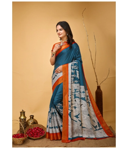 Generic Women's Soft Handloom Cotton Kalamkari Printed Saree With Unstitched Blouse 5.5Mtr (Teal Blue)