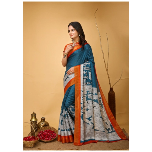 Women's Soft Handloom Cotton Kalamkari Printed Saree With Unstitched Blouse 5.5Mtr (Teal Blue) Women's Soft Handloom Cotton Kalamkari Printed Saree With Unstitched Blouse 5.5Mtr (Teal Blue)