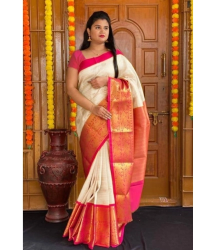 Generic Women's Soft Lichi Silk Printed Saree With Unstitched Blouse 5.5Mtr (Cream)