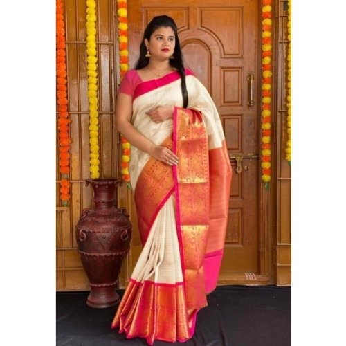 Women's Soft Lichi Silk Printed Saree With Unstitched Blouse 5.5Mtr (Cream) Women's Soft Lichi Silk Printed Saree With Unstitched Blouse 5.5Mtr (Cream)