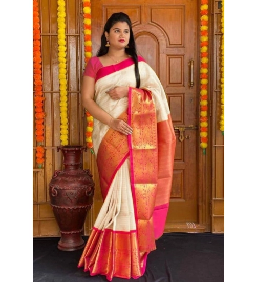 Generic Women's Soft Lichi Silk Printed Saree With Unstitched Blouse 5.5Mtr (Cream)