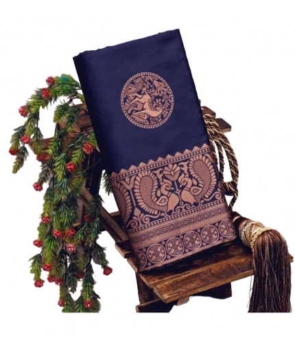 Generic Women's Soft Lichi Silk Printed Saree With Unstitched Blouse 5.5Mtr (Navy Blue)