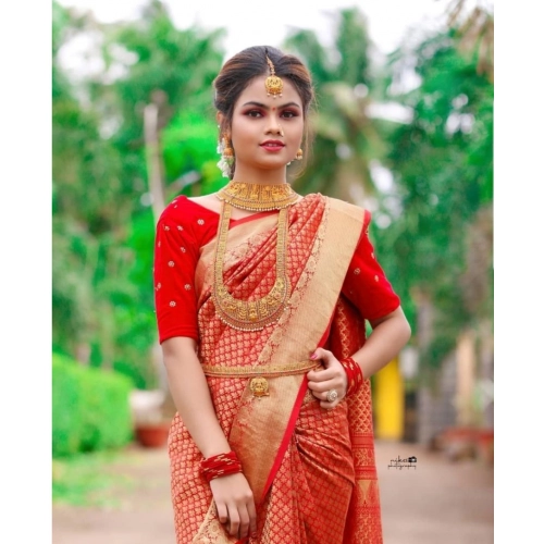 Women's Soft Lichi Silk Printed Saree With Unstitched Blouse 5.5Mtr (Red) Women's Soft Lichi Silk Printed Saree With Unstitched Blouse 5.5Mtr (Red)