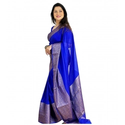 Generic Women's Soft Lichi Silk Solid Saree With Unstitched Blouse 5.5Mtr (Blue)
