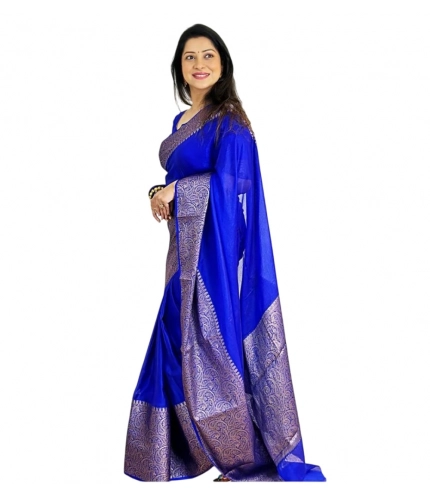 Generic Women's Soft Lichi Silk Solid Saree With Unstitched Blouse 5.5Mtr (Blue)