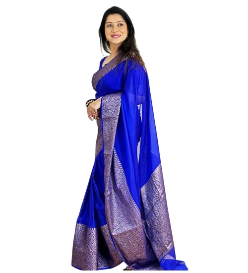 Generic Women's Soft Lichi Silk Solid Saree With Unstitched Blouse 5.5Mtr (Blue)