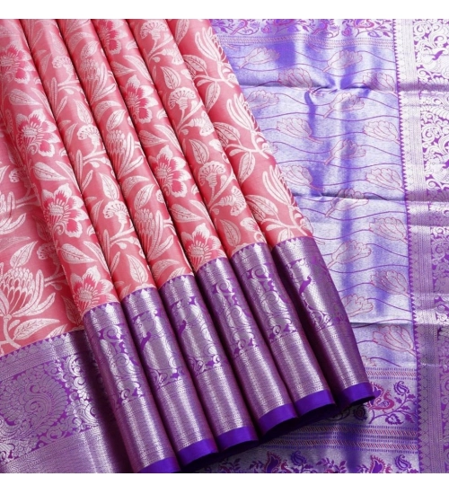 Generic Women's Soft Lichi Silk Printed Saree With Unstitched Blouse 5.5Mtr (Purple)