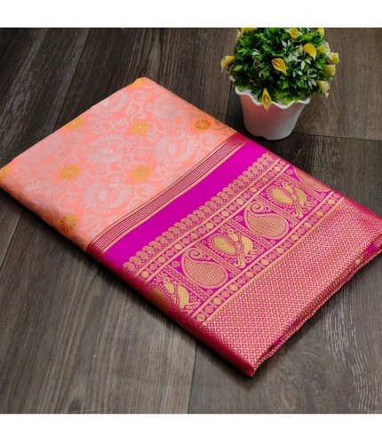 Generic Women's Soft Lichi Silk Printed Saree With Unstitched Blouse 5.5Mtr (Pink)