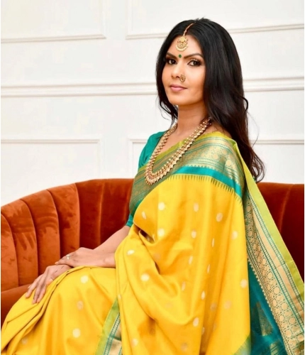 Generic Women's Soft Lichi Silk Printed Saree With Unstitched Blouse 5.5Mtr (Yellow)