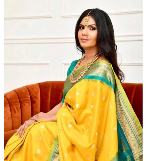 Generic Women's Soft Lichi Silk Printed Saree With Unstitched Blouse 5.5Mtr (Yellow)