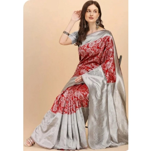 Women's Soft Lichi Silk Printed Saree With Unstitched Blouse 5.5Mtr (Red) Women's Soft Lichi Silk Printed Saree With Unstitched Blouse 5.5Mtr (Red)