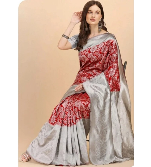 Generic Women's Soft Lichi Silk Printed Saree With Unstitched Blouse 5.5Mtr (Red)