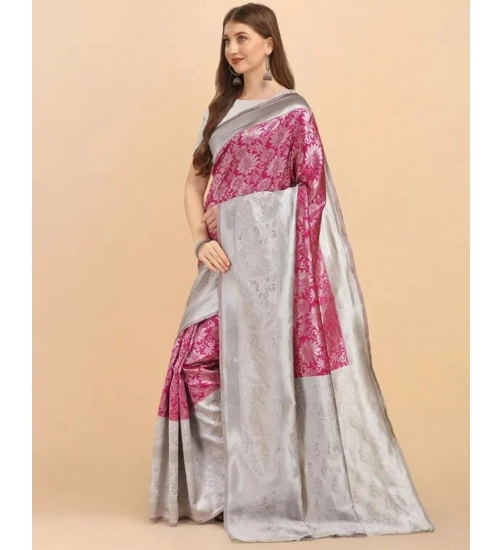 Generic Women's Soft Lichi Silk Printed Saree With Unstitched Blouse 5.5Mtr (Pink)