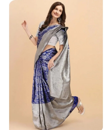 Generic Women's Soft Lichi Silk Printed Saree With Unstitched Blouse 5.5Mtr (Blue)