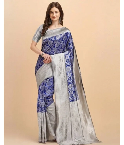 Generic Women's Soft Lichi Silk Printed Saree With Unstitched Blouse 5.5Mtr (Blue)