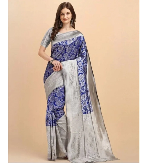 Generic Women's Soft Lichi Silk Printed Saree With Unstitched Blouse 5.5Mtr (Blue)