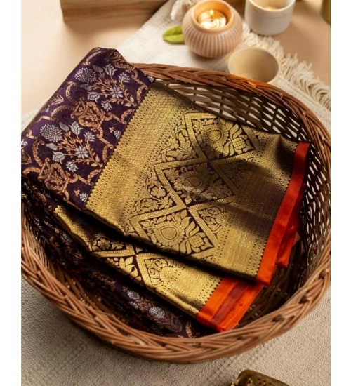 Generic Women's Soft Lichi Silk Printed Saree With Unstitched Blouse 5.5Mtr (Purple)