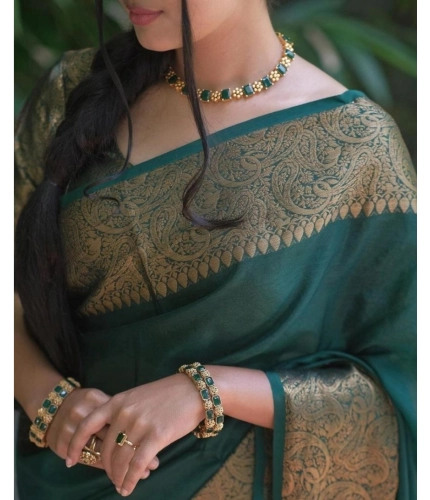 Generic Women's Soft Lichi Silk Solid Saree With Unstitched Blouse 5.5Mtr (Green)