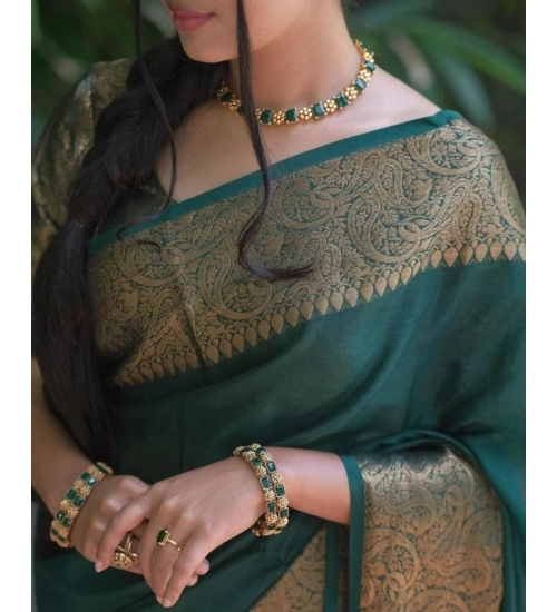 Generic Women's Soft Lichi Silk Solid Saree With Unstitched Blouse 5.5Mtr (Green)