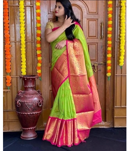 Generic Women's Soft Lichi Silk Printed Saree With Unstitched Blouse 5.5Mtr (Green)