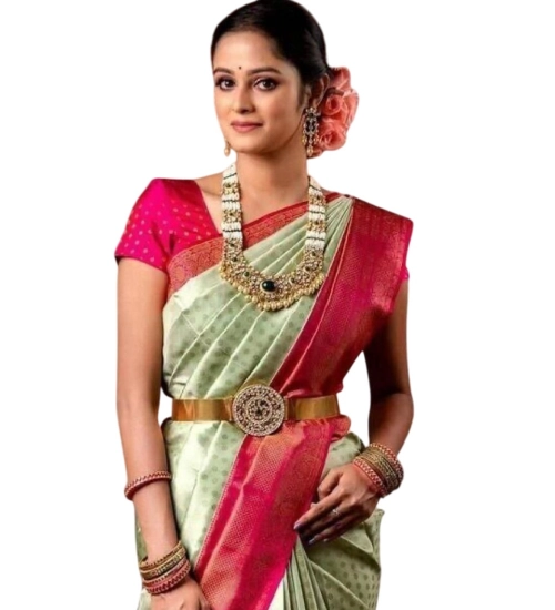 Generic Women's Soft Lichi Silk Printed Saree With Unstitched Blouse 5.5Mtr (Light Green)