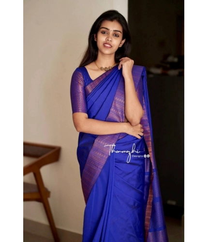 Generic Women's Soft Lichi Silk Solid Saree With Unstitched Blouse 5.5Mtr (Blue)