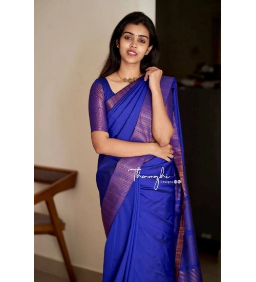 Generic Women's Soft Lichi Silk Solid Saree With Unstitched Blouse 5.5Mtr (Blue)