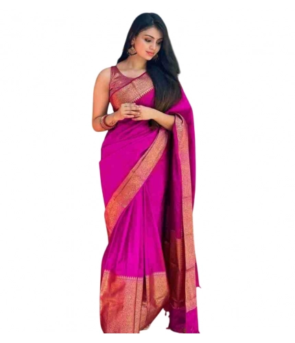 Generic Women's Soft Lichi Silk Solid Saree With Unstitched Blouse 5.5Mtr (Pink)