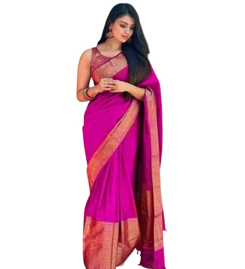 Generic Women's Soft Lichi Silk Solid Saree With Unstitched Blouse 5.5Mtr (Pink)