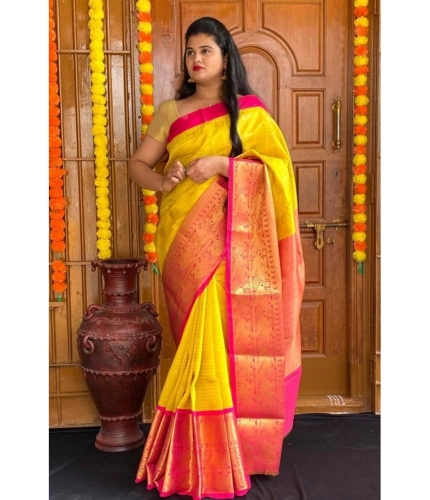Generic Women's Soft Lichi Silk Printed Saree With Unstitched Blouse 5.5Mtr (Yellow)