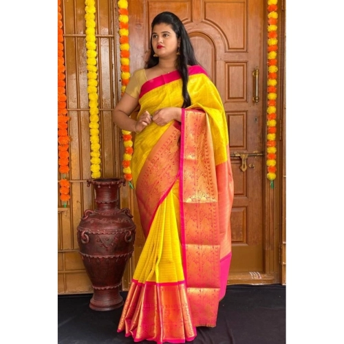 Women's Soft Lichi Silk Printed Saree With Unstitched Blouse 5.5Mtr (Yellow)