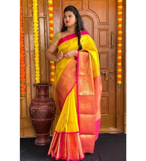 Generic Women's Soft Lichi Silk Printed Saree With Unstitched Blouse 5.5Mtr (Yellow)