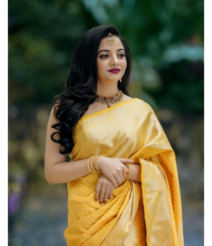 Generic Women's Soft Lichi Silk Printed Saree With Unstitched Blouse 5.5Mtr (Yellow)